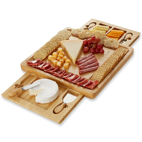 Casafield Bamboo Cheese Board with Stainless Steel Knives and Slide-Out Snack Trays