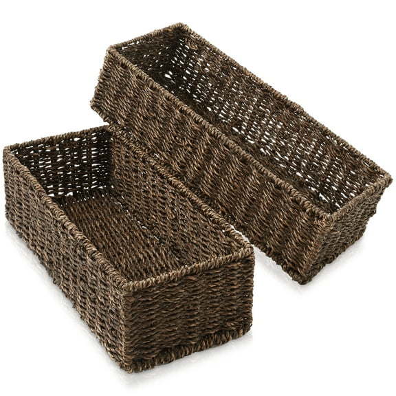 Casafield Bathroom Storage Baskets - Set of 2, Espresso - Seagrass, 16" W x 6.75" D x 4.25" H, Woven Toilet Paper, Tissue, Shelving Bins