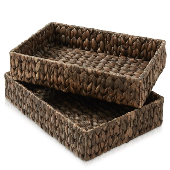 Casafield Bathroom Storage Baskets - Set of 2, Espresso - Water Hyacinth, 15.75" W x 11.25" D x 3.25" H, Woven Toilet Paper, Tissue, Shelving Bins