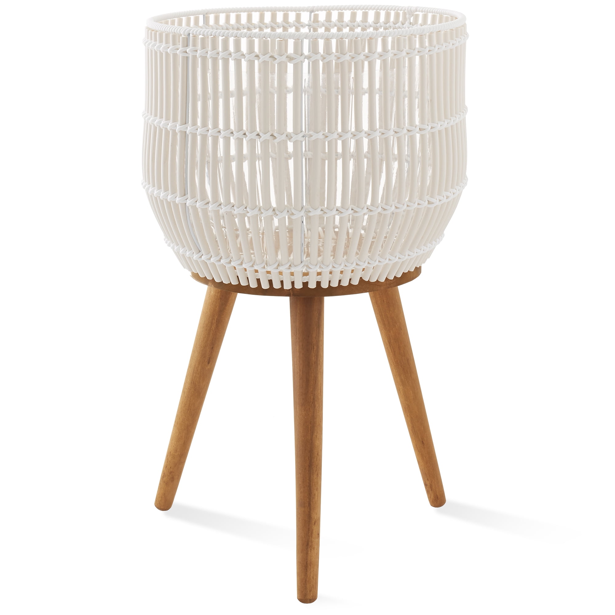 Casafield Floor Planter with Wood Legs in White, Planter Basket with Stand, Large Plant Pot Cover with Liner