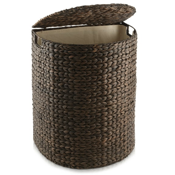 Casafield Half Moon Laundry Hamper with Lid and Removable Liner Bag - Espresso Dark Brown, Woven Water Hyacinth Laundry Basket Sorter for Clothes