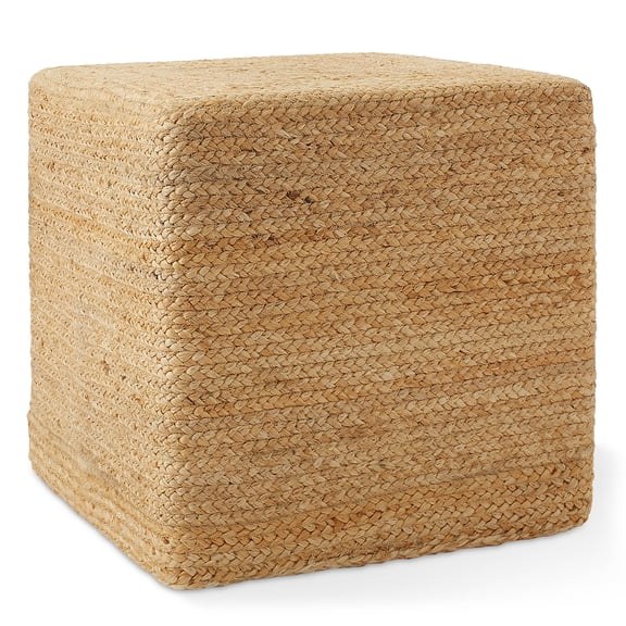 Casafield Hand-Braided Jute Pouf Ottoman, 18" W x 18" D x 18" H - Square, Natural Woven Boho Indoor Home Decor for Living Room, Bedroom, Apartment