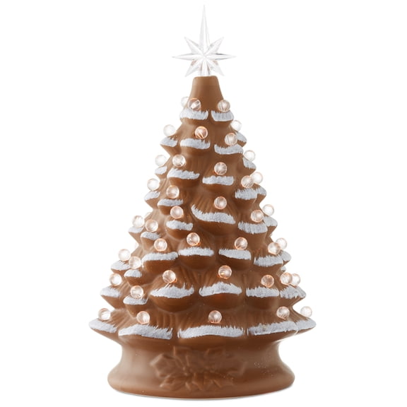 Casafield Hand Painted Ceramic Christmas Tree, Gingerbread Snow Flocked 15-Inch Pre-Lit Tree with 128 Multi Color Lights, 2 Star Toppers