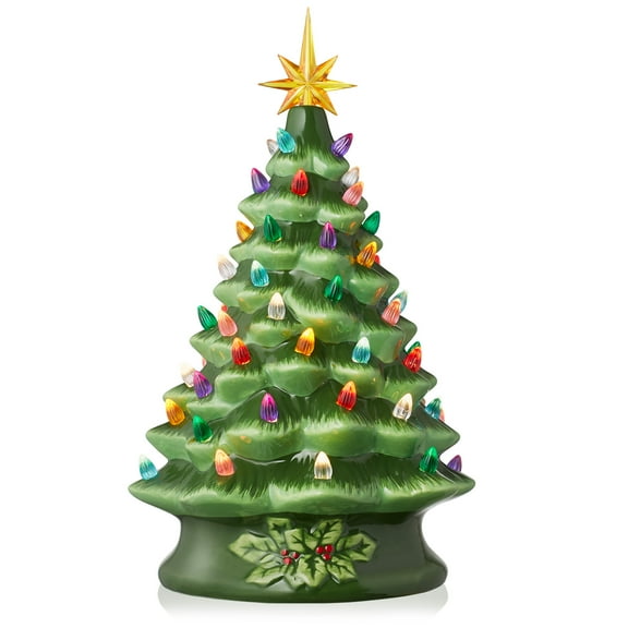 15" Hand Painted Ceramic Christmas Tree, Green Pre-Lit Tree, 128 Multi-Color Lights, 2 Star Toppers
