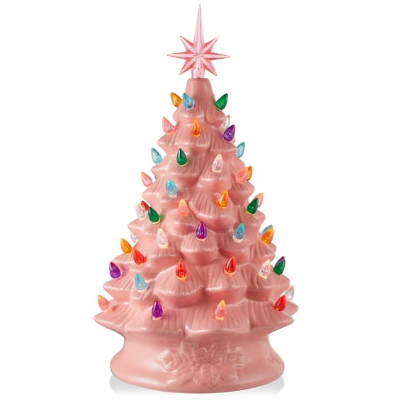 15" Hand Painted Ceramic Christmas Tree, Pink Pre-Lit Tree, 128 Multi-Color Lights, 2 Star Toppers