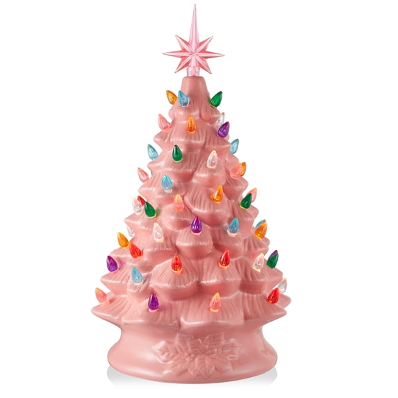 15" Hand Painted Ceramic Christmas Tree, Pink Pre-Lit Tree, 128 Multi-Color Lights, 2 Star Toppers