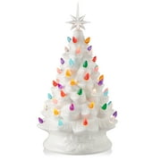 15" Hand Painted Ceramic Christmas Tree, White Pre-Lit Tree, 128 Multi Color Lights, 2 Star Toppers