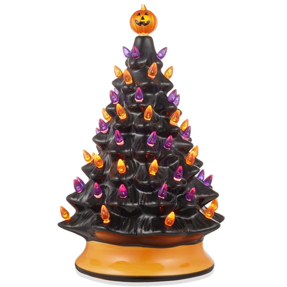 15" Hand Painted Ceramic Halloween Tree, Pre-Lit Decoration with 128 Multi-Color Lights, Jack-O-Lantern and Star Toppers