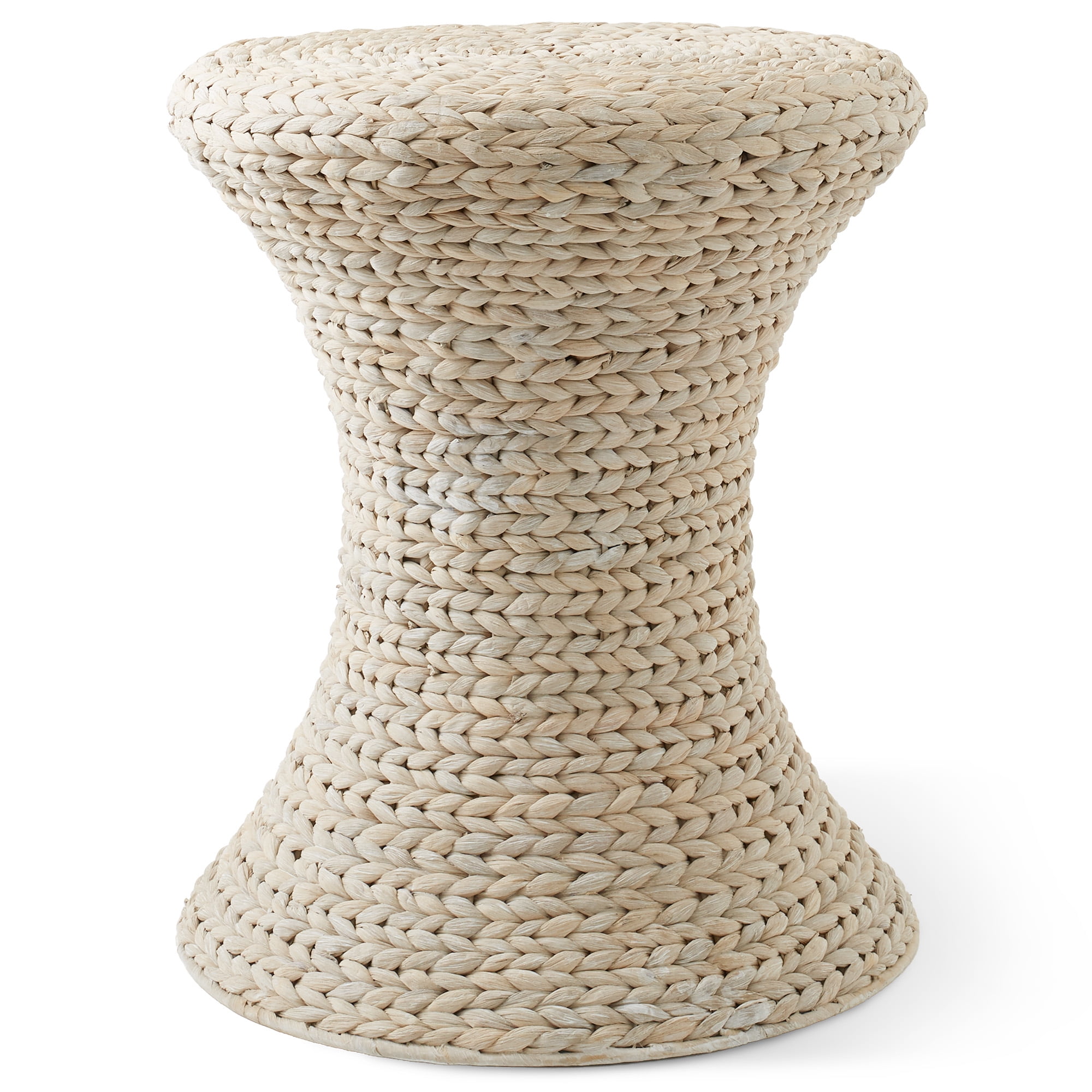 Casafield Hourglass Side Table - Whitewash White, Handwoven Water Hyacinth, Boho Wicker End Table for Bedroom, Entryway, Living Room, Office