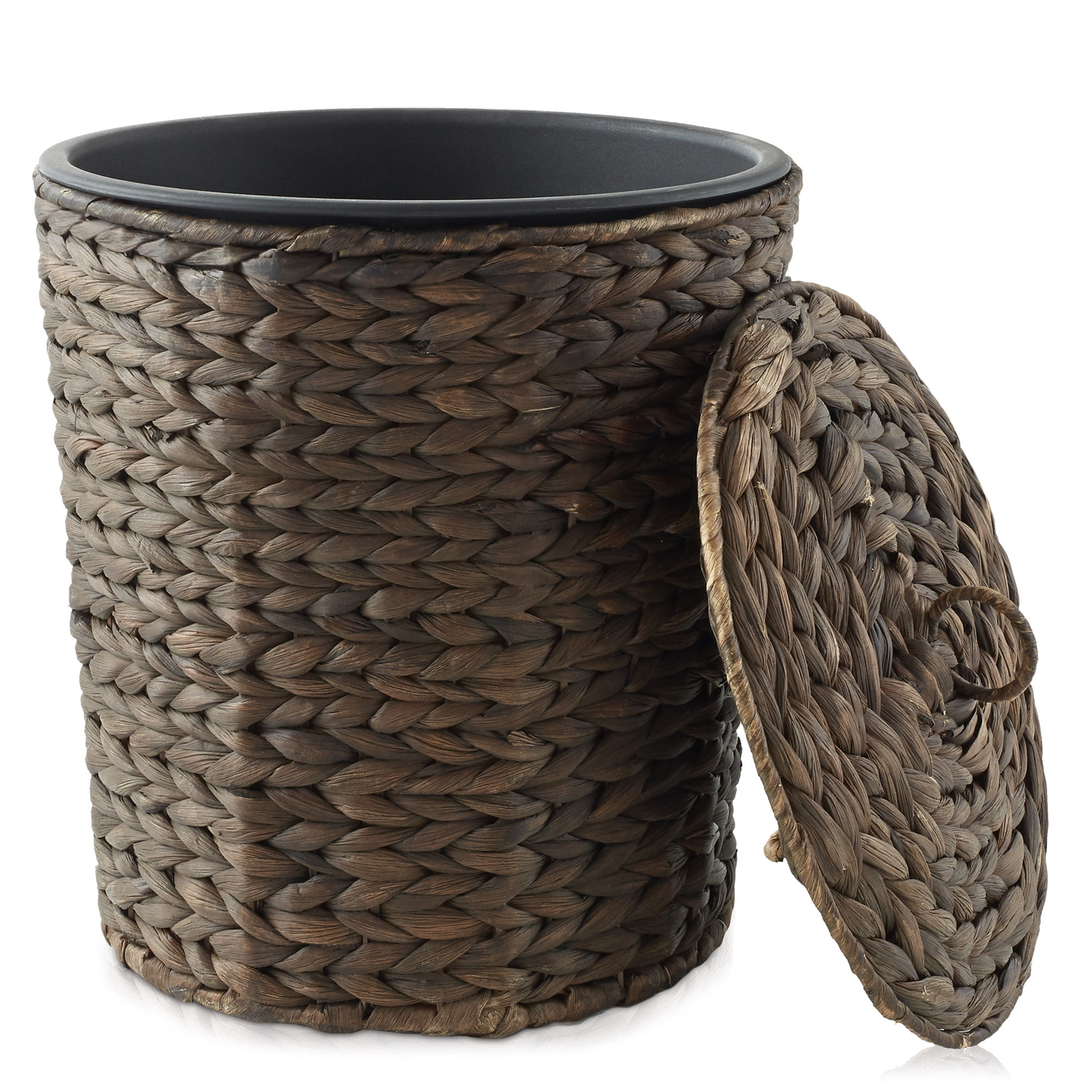Casafield Hyacinth Trash Can with Lid and Liner, Espresso Brown Wicker Waste Basket for Garbage in the Bathroom, Bedroom, Laundry Room, Home Office