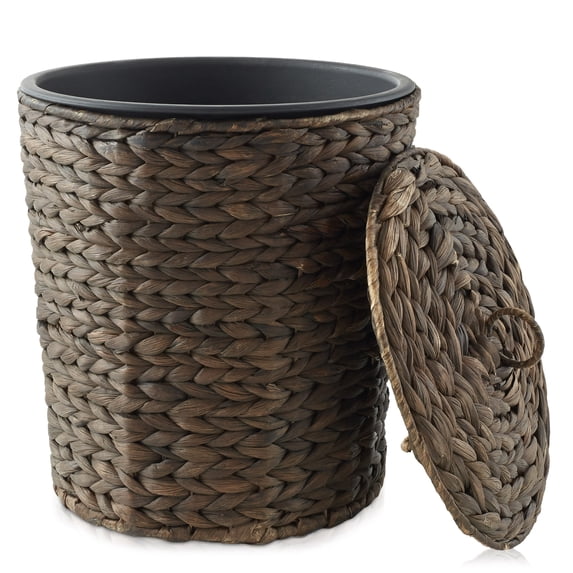 Casafield Hyacinth Trash Can with Lid and Liner, Espresso Brown Wicker Waste Basket for Garbage in the Bathroom, Bedroom, Laundry Room, Home Office