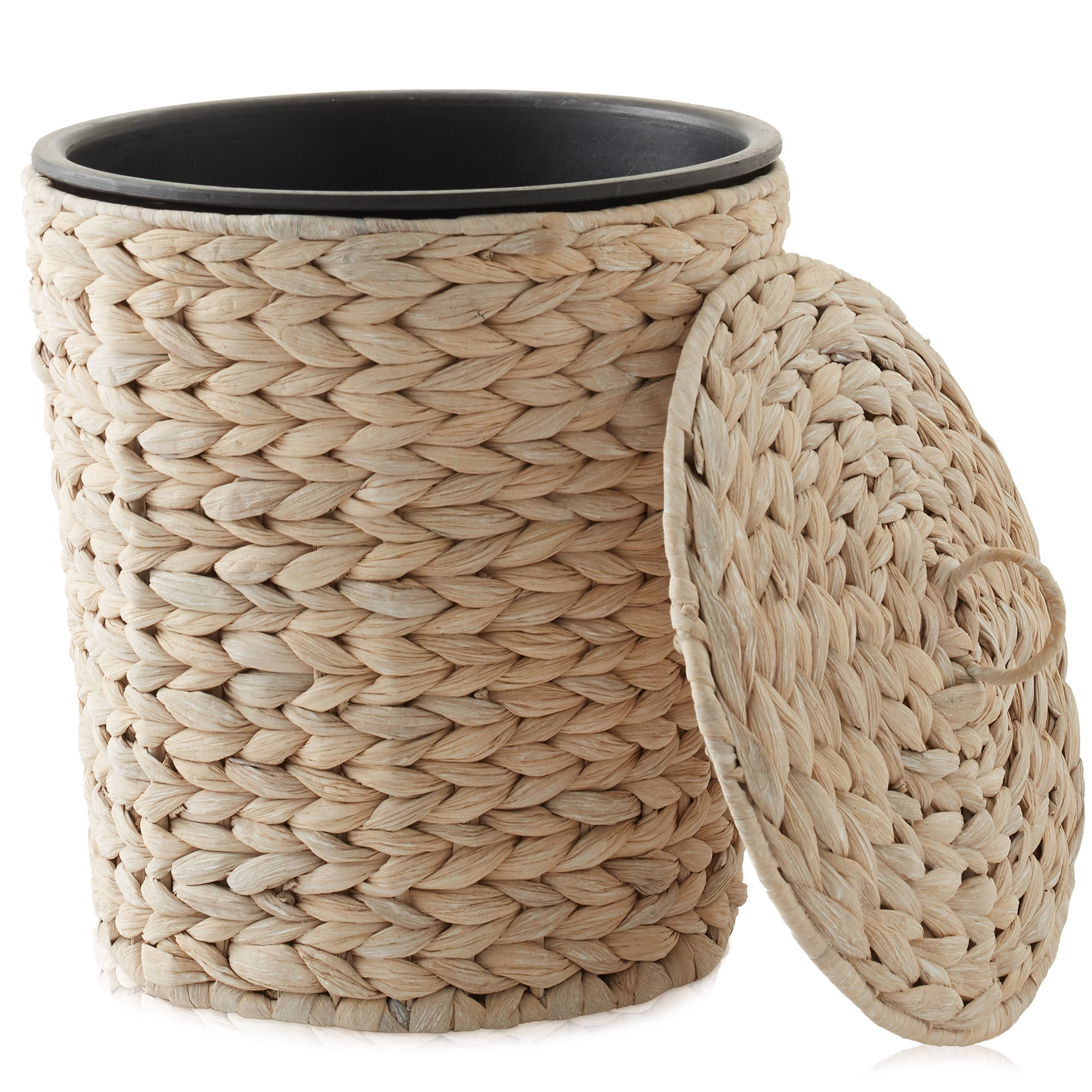 Casafield Hyacinth Trash Can with Lid and Liner, Whitewash White Wicker Waste Basket for Garbage in the Bathroom, Bedroom, Laundry Room, Home Office