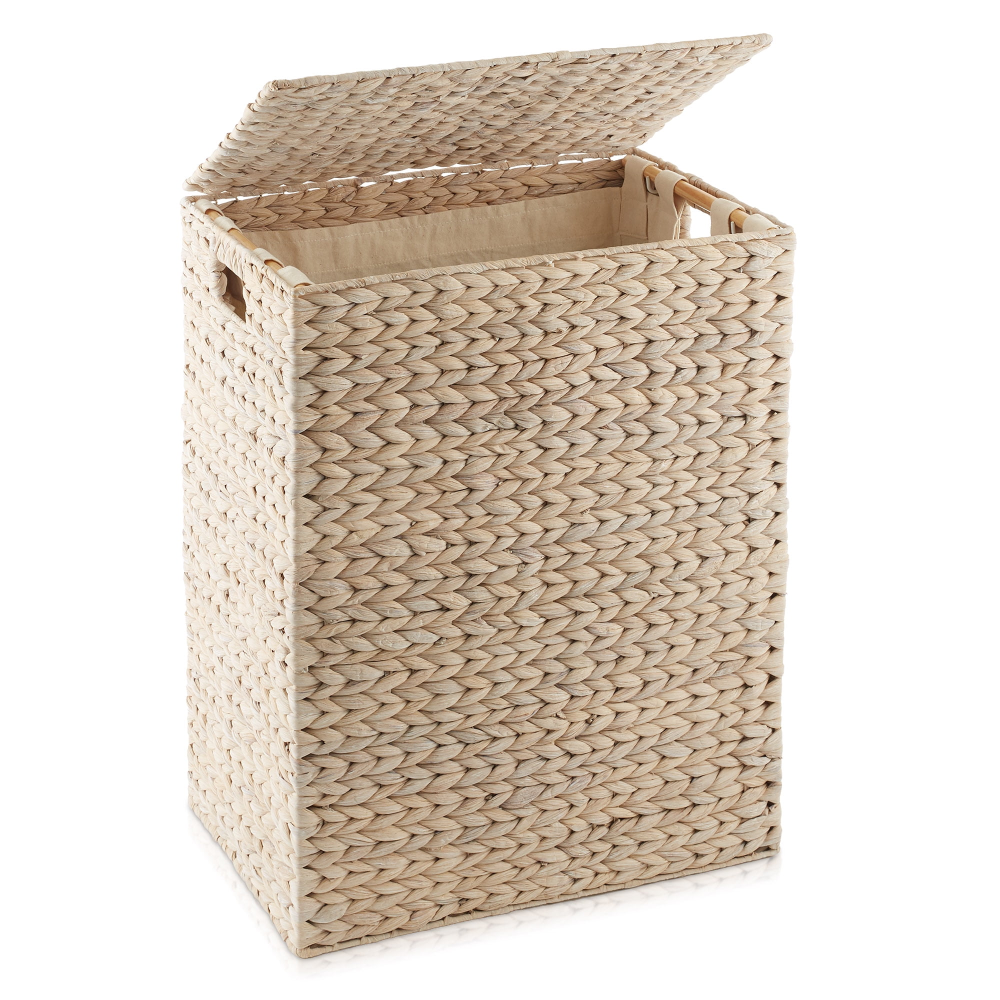 Casafield Large Laundry Hamper with Lid and Removable Liner Bag - Whitewash, Woven Water Hyacinth Laundry Basket for Clothes