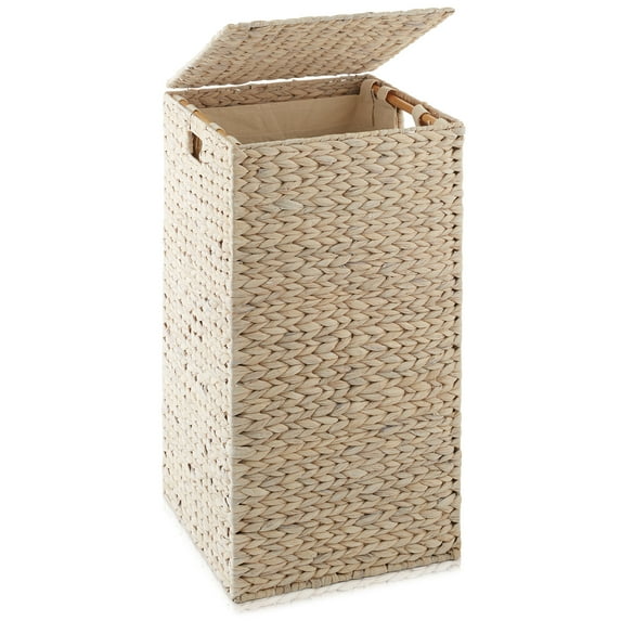 Casafield Laundry Hamper with Lid and Removable Liner Bag - Whitewash, Woven Water Hyacinth Square Laundry Basket for Clothes