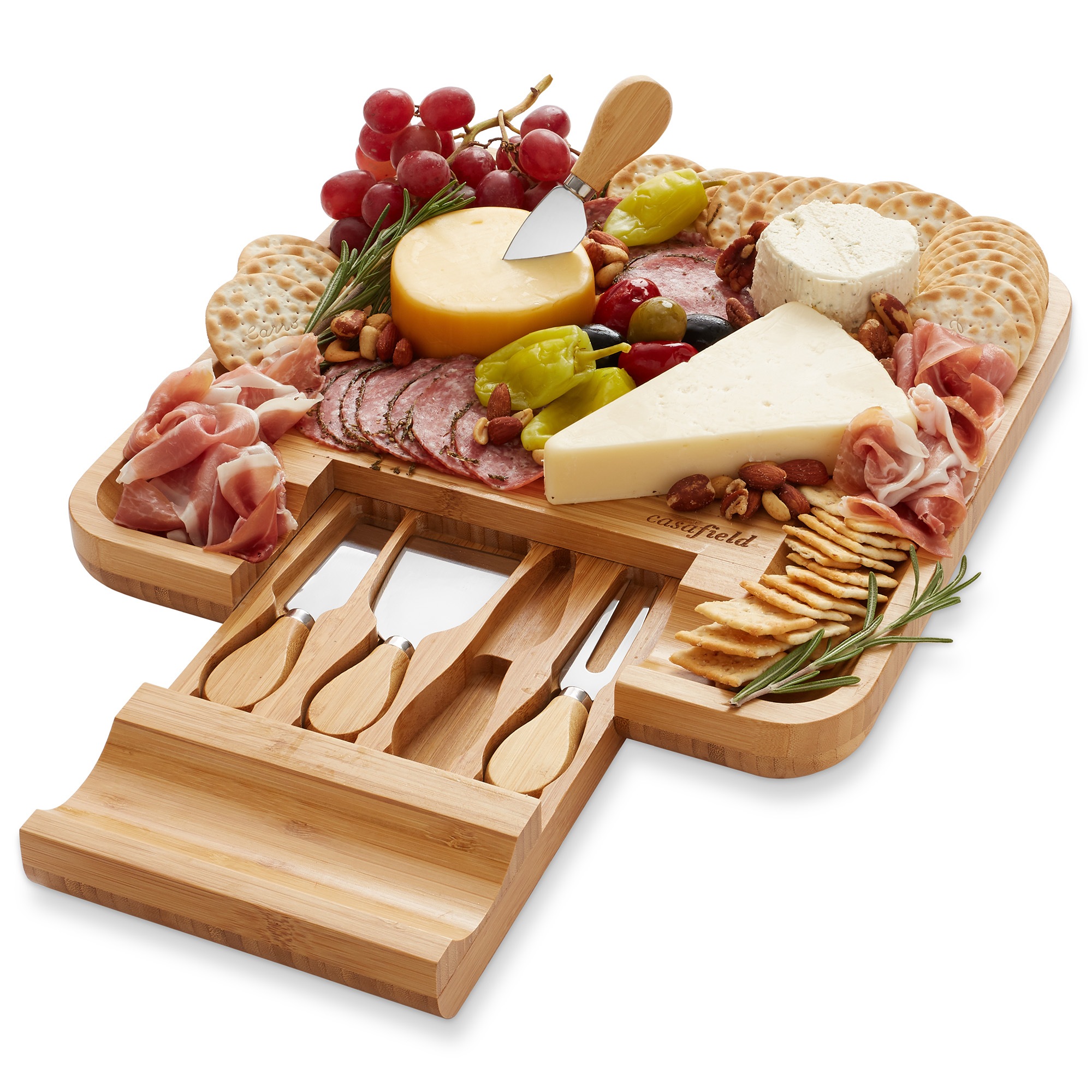 Casafield Organic Bamboo Cheese Cutting Board & Knife Gift Set - Wooden Serving Tray for Charcuterie Meat Platter, Fruit & Crackers - Slide Out Drawer with 4 Stainless Steel Knives - image 1 of 7