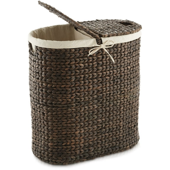 Casafield Oval Laundry Hamper with Lids and Removable Liner Bags - Espresso Dark Brown, Woven Water Hyacinth 2-Section Laundry Basket for Clothes