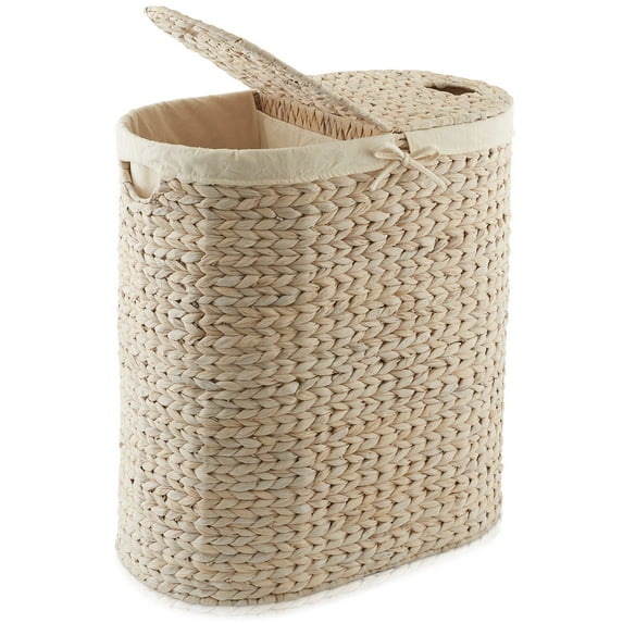 Casafield Oval Laundry Hamper with Lids and Removable Liner Bags - Whitewash, Woven Water Hyacinth 2-Section Laundry Basket for Clothes and Towels