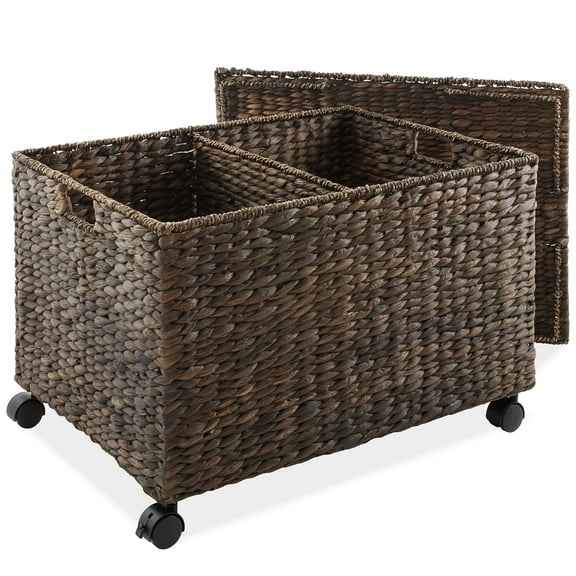 Casafield Rolling Storage Basket Cart with Lid and Wheels, Espresso - Woven Water Hyacinth Divided Sorting Bin for Kitchen, Pantry, Laundry, Garage
