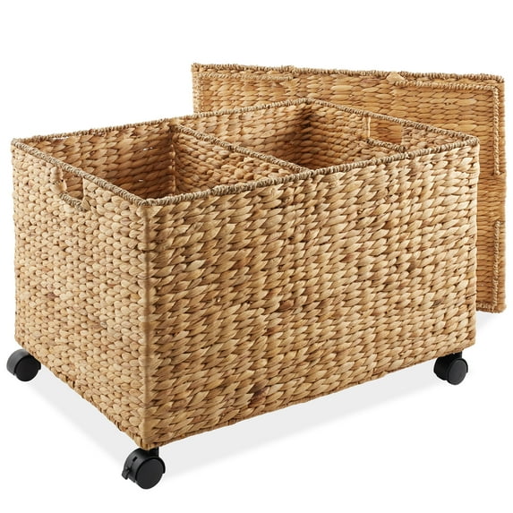 Casafield Rolling Storage Basket Cart with Lid and Wheels, Natural - Woven Water Hyacinth Divided Sorting Bin for Kitchen, Pantry, Laundry, Garage