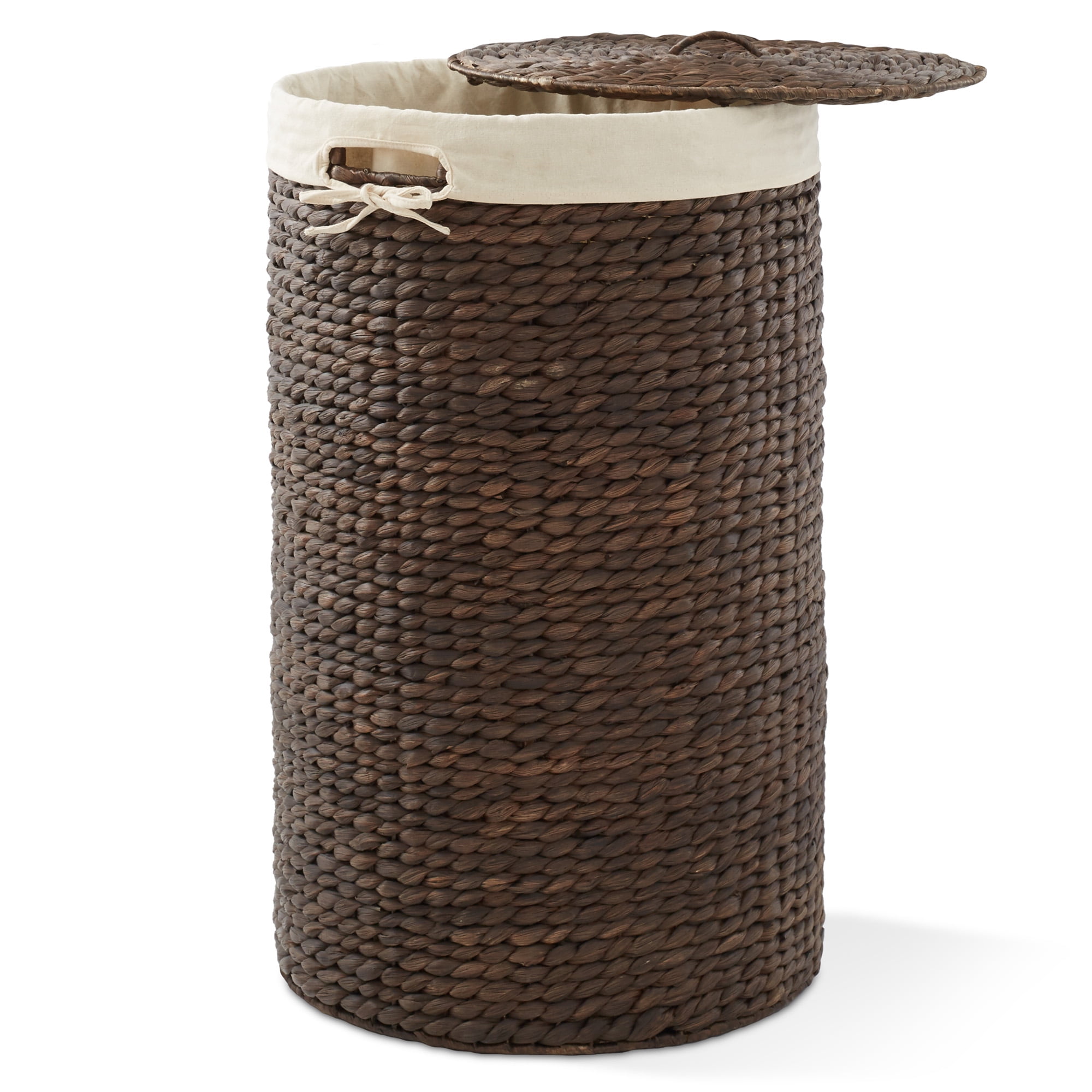 Casafield Round Laundry Hamper with Lid and Removable Liner Bag - Espresso Dark Brown, Woven Water Hyacinth Laundry Basket for Clothes