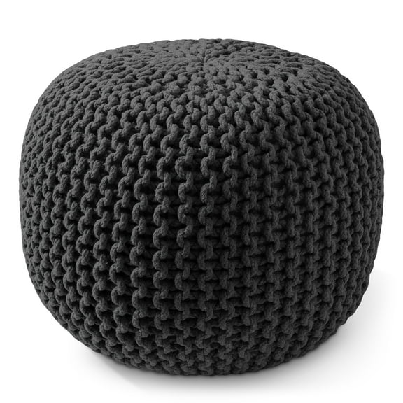 Casafield Round Pouf Ottoman, Black - 20" Dia x 14.5" High Cotton Knit Foot Stool - Boho Floor Pouffe for Living Room