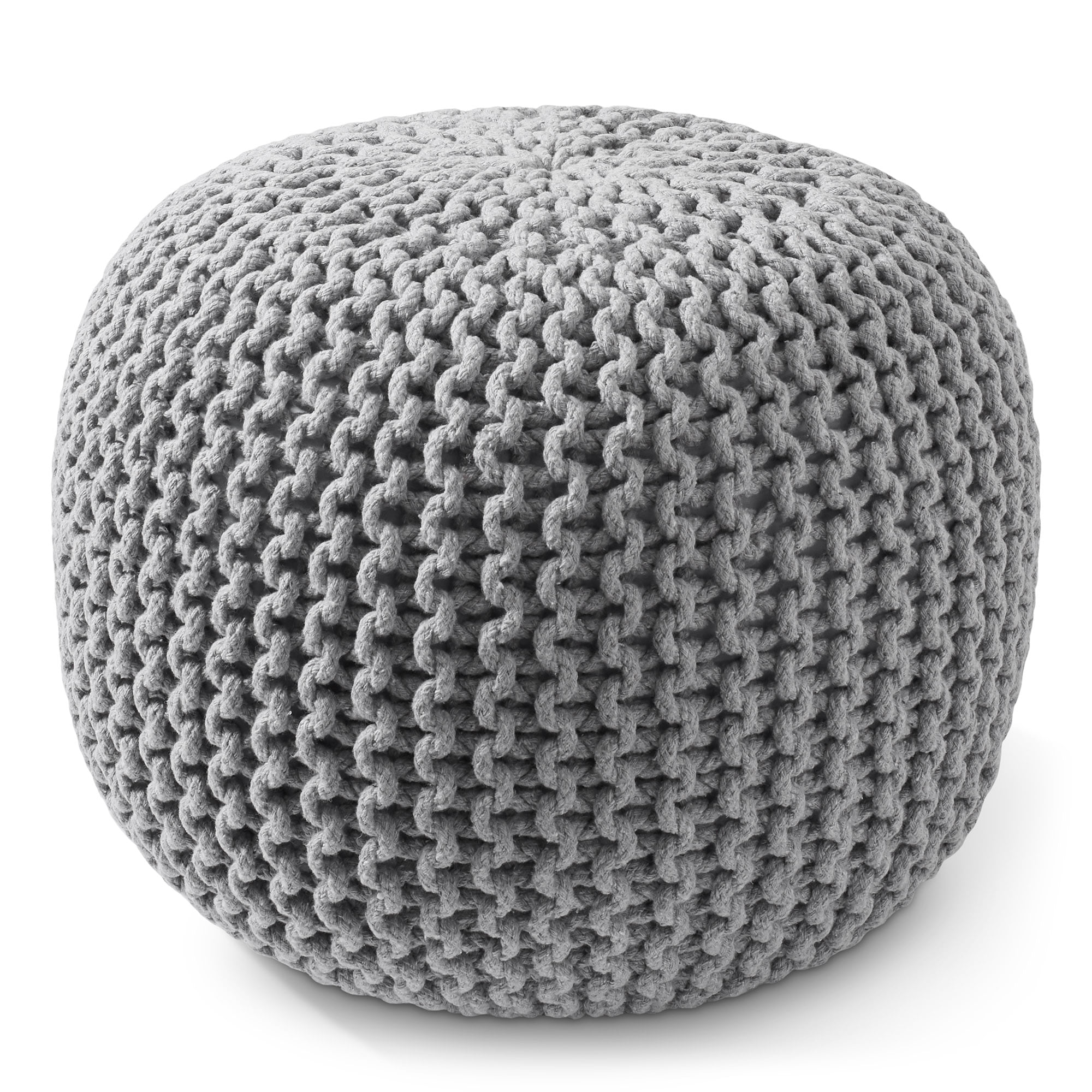 Light Gray Hand-Knitted Cotton Round Pouf Ottoman