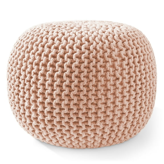 Casafield Round Pouf Ottoman, Light Pink - 20" Dia x 14.5" High Cotton Knit Foot Stool - Boho Floor Pouffe for Living Room
