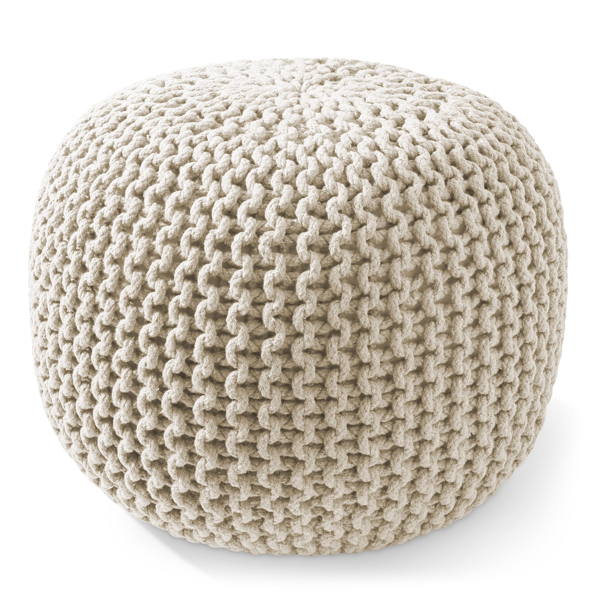 Natural Cotton Knit Round Pouf Ottoman, 20" x 14.5"