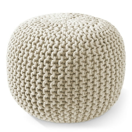 Casafield Round Pouf Ottoman, Natural - 20" Dia x 14.5" High Cotton Knit Foot Stool - Boho Floor Pouffe for Living Room