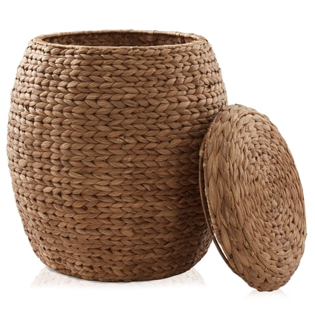 Casafield Round Storage Basket with Lid, Cinnamon - Handwoven Water Hyacinth Hamper Organizer for Laundry, Blankets, Plants