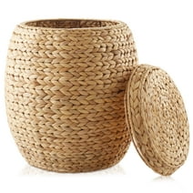 Casafield Round Storage Basket with Lid, Natural - Handwoven Water Hyacinth Hamper Organizer for Laundry, Blankets, Plants