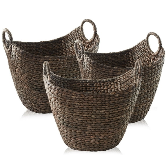 Casafield Set of 3 Boat Baskets with Handles - Espresso, Woven Water Hyacinth Storage Organizers for Blankets, Laundry, Bathroom, Bedroom, Living Room