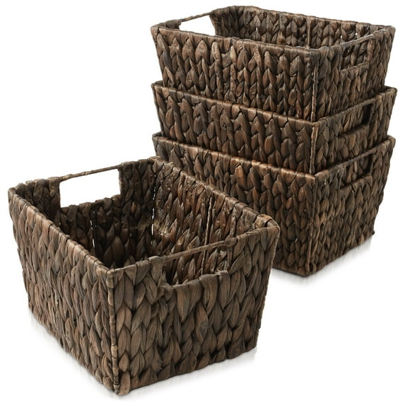 Casafield Set of 4 Water Hyacinth Storage Baskets with Handles - Espresso, 12" x 9" x 6" Rectangular Storage Bins for Organizing Shelves, Blankets, Laundry