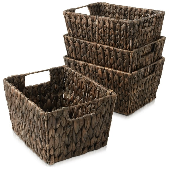 Casafield Set of 4 Water Hyacinth Storage Baskets with Handles - Espresso Brown, 12" x 9" x 6" Rectangular Storage Shelf Bins, Blankets, Laundry
