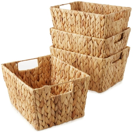 Casafield Set of 4 Water Hyacinth Storage Baskets with Handles - Natural, 12" x 9" x 6" Rectangular Storage Shelf Bins, Blankets, Laundry