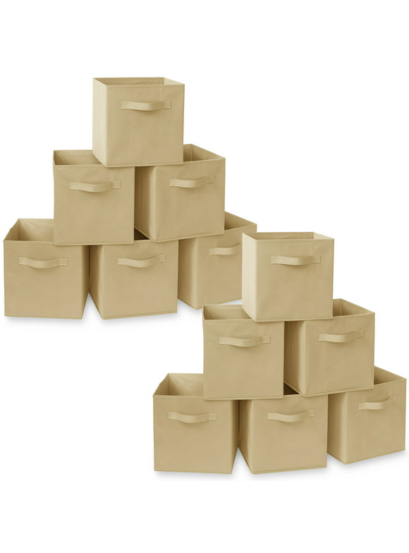 Casafield Set of 12 Fabric Storage Cube Bins, Beige - 11" Collapsible Foldable Cloth Baskets for Shelves and Cubby Organizers
