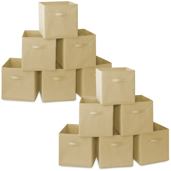 Casafield Set of 12 Fabric Storage Cube Bins, Beige - 13" Collapsible Foldable Cloth Baskets for Shelves and Cubby Organizers