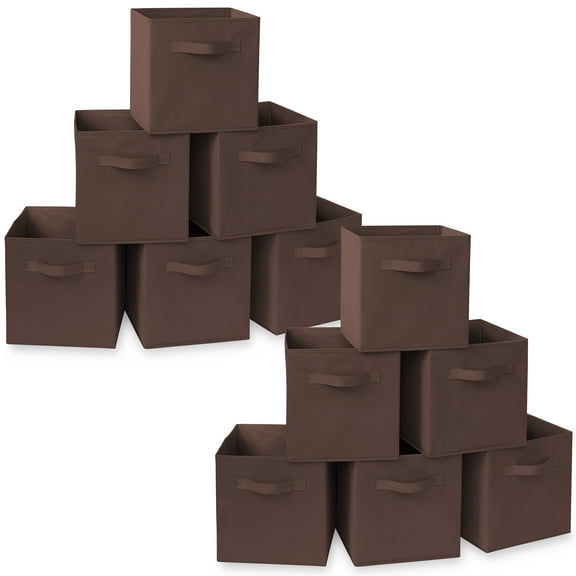 Casafield Set of 12 Fabric Storage Cube Bins, Brown - 11" Collapsible Foldable Cloth Baskets for Shelves and Cubby Organizers