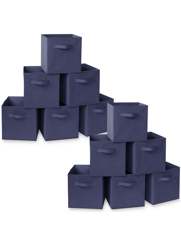 Casafield Set of 12 Fabric Storage Cube Bins, Navy Blue - 11" Collapsible Foldable Cloth Baskets for Shelves and Cubby Organizers