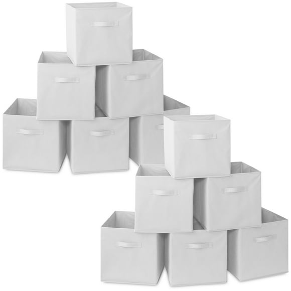 Casafield Set of 12 Fabric Storage Cube Bins, White - 13" Collapsible Foldable Cloth Baskets for Shelves and Cubby Organizers