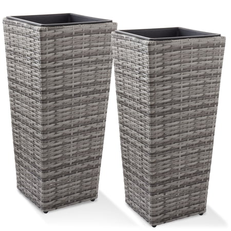Casafield (Set of 2) All-Weather Outdoor Planters with Liners - Gray, Tall Tapered Plant Boxes with Flower Pots for Front Porch, Patio, Garden