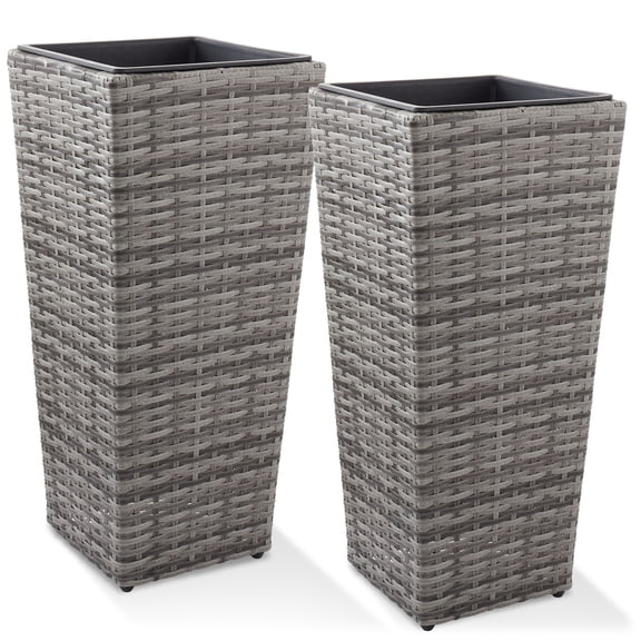 Casafield (Set of 2) All-Weather Outdoor Planters with Liners - Gray, Tall Tapered Plant Boxes with Flower Pots for Front Porch, Patio, Garden