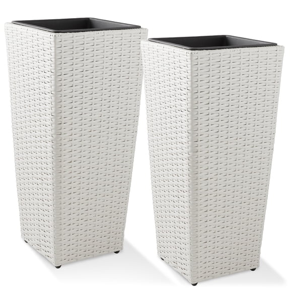 Casafield (Set of 2) All-Weather Outdoor Planters with Liners - White, Tall Tapered Plant Boxes with Flower Pots for Front Porch, Patio, Garden
