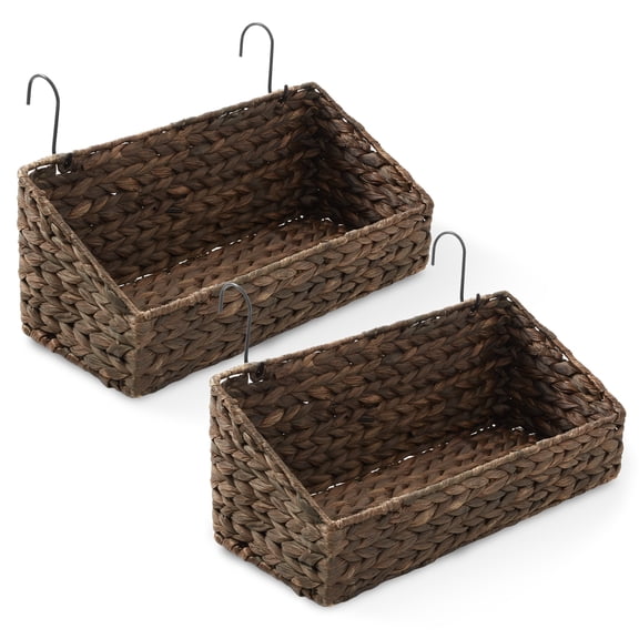 Casafield Set of 2 Hanging Baskets with Hooks - Espresso, Woven Hyacinth Shelf Storage Wall Mounted Bins for Bathroom, Kitchen, Office, Laundry Room