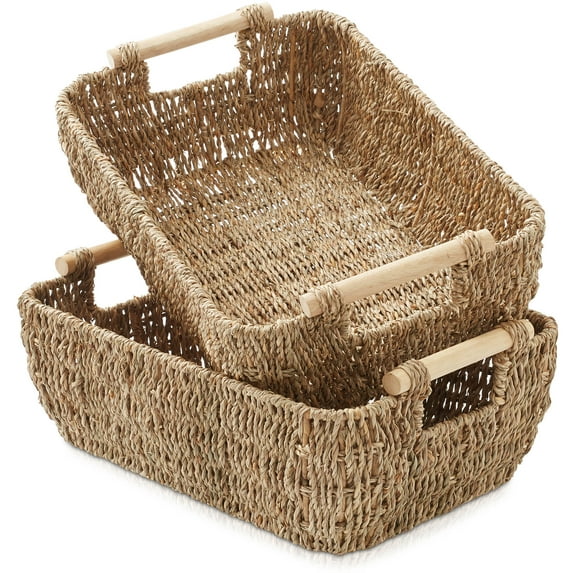 Casafield (Set of 2) Seagrass Oval Storage Baskets with Wooden Handles - Large Woven Bin Organizers