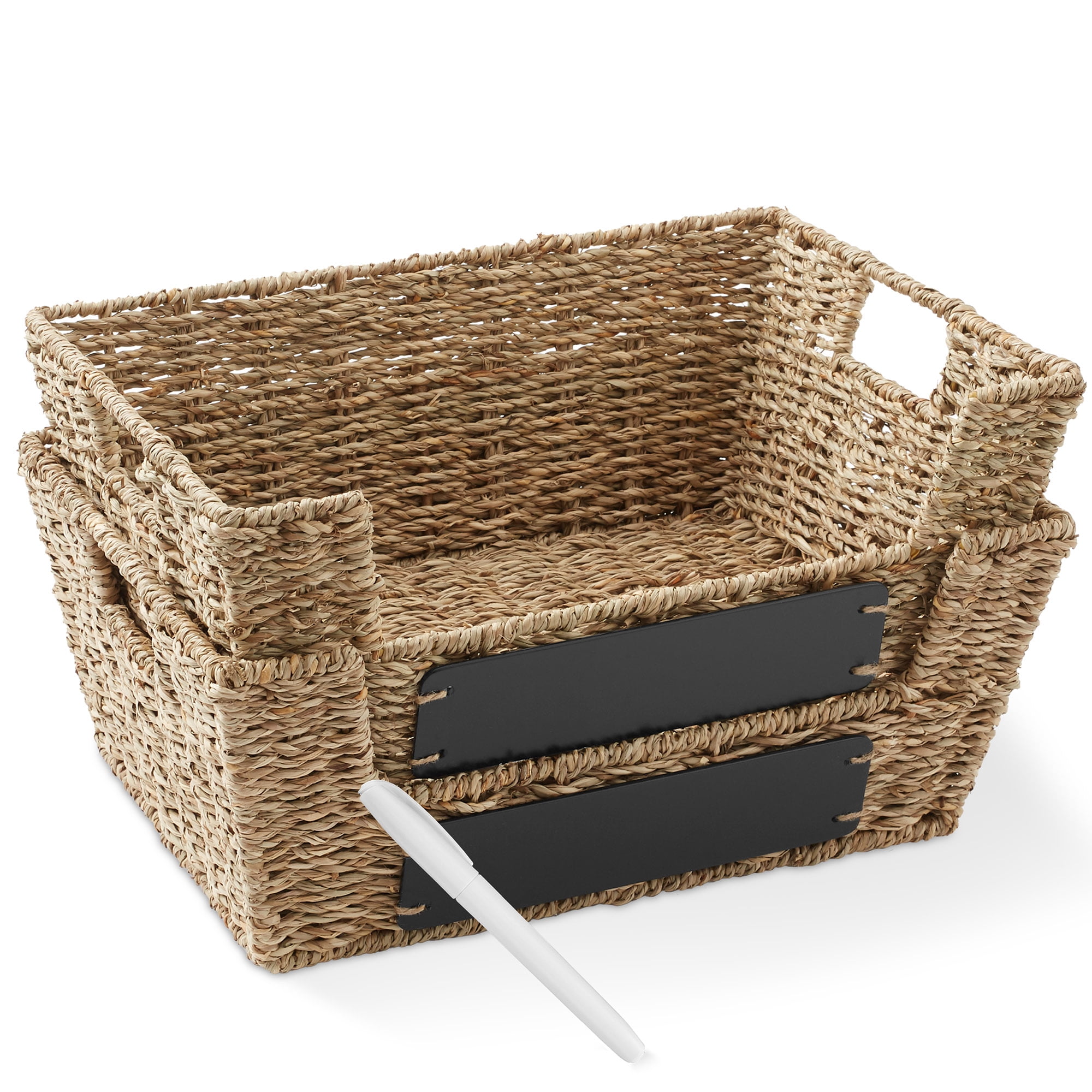 Casafield (Set of 2) Seagrass Pantry Baskets with Handles and Chalkboard Labels, Wide Woven Storage Baskets for Kitchen Shelves