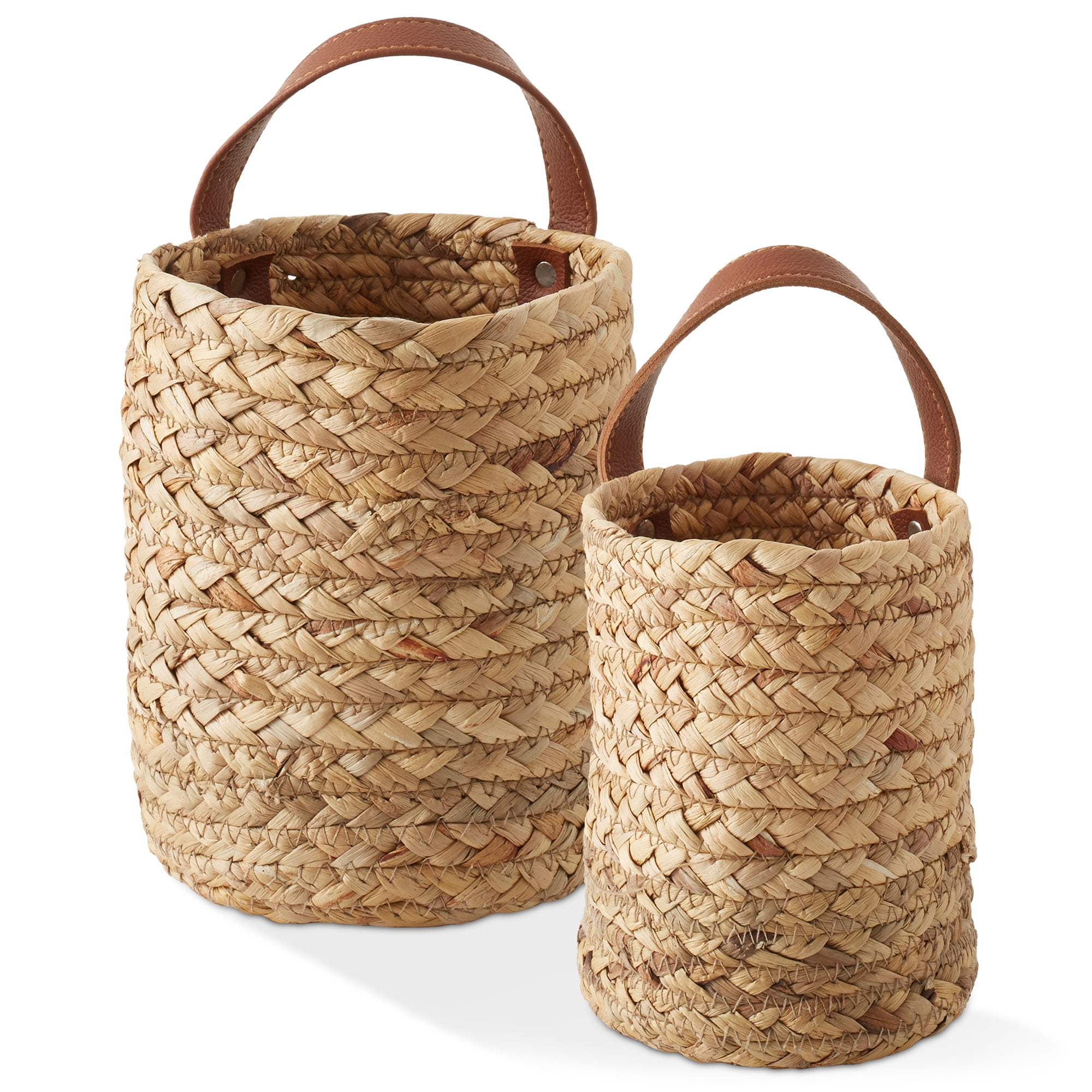 Natural Water Hyacinth Wall Hanging Baskets with Faux Leather Handles