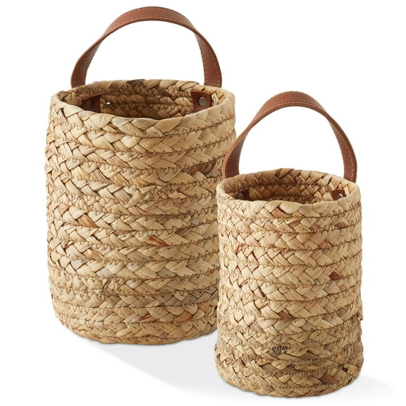 Casafield Set of 2 Wall Hanging Baskets with Handles (Small and Large) - Natural Water Hyacinth, Woven Boho Plant and Flower Storage Pots