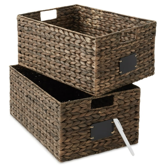 Casafield (Set of 2) Water Hyacinth 12-1/2"x17"x8" Pantry Baskets w/ Chalkboard Labels and Marker - Espresso, Woven Storage Bins for Kitchen Shelves