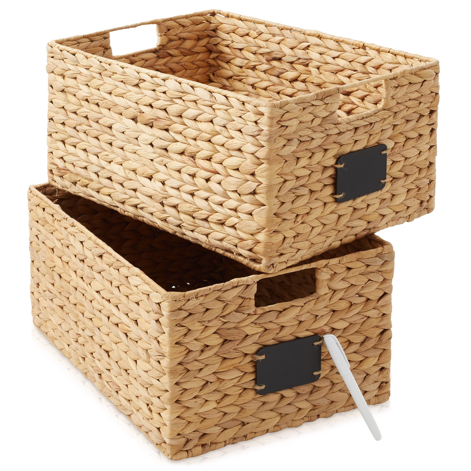 Casafield (Set of 2) Water Hyacinth 12-1/2"x17"x8" Pantry Baskets w/ Chalkboard Labels and Marker - Natural, Woven Storage Bins for Kitchen Shelves